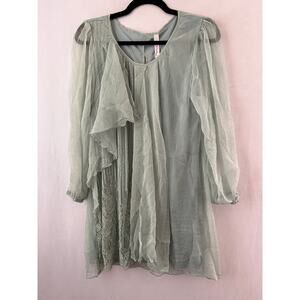 Pretty Angel Silk Blend Tunic Dress Whimsy Flowy Green Sheer Sleeves Lace L NEW